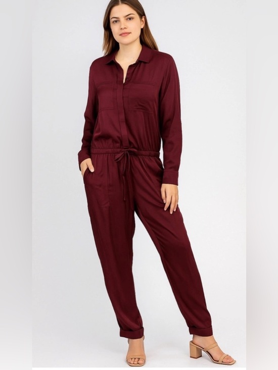 LOFT Pants - LOFT Burgundy Long-Sleeve Drawstring Jumpsuit